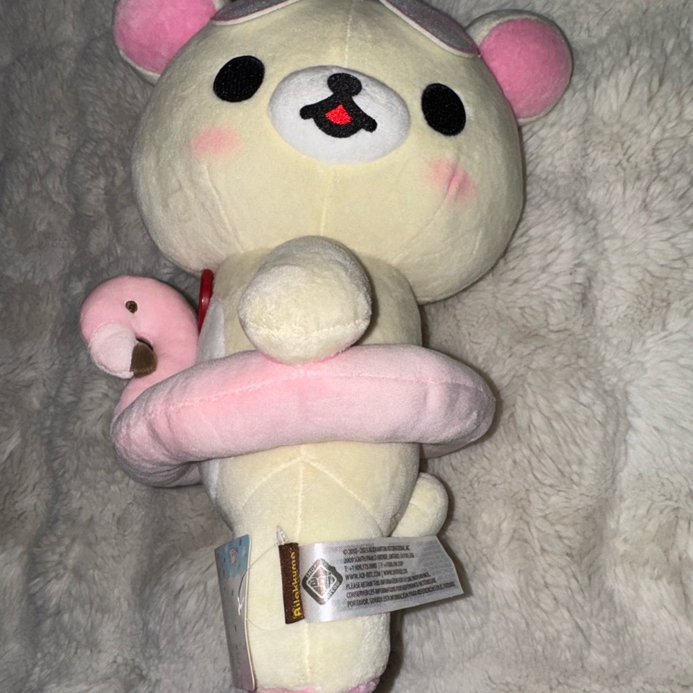 Cute Pink and White Stuffed Bear with Flamingo